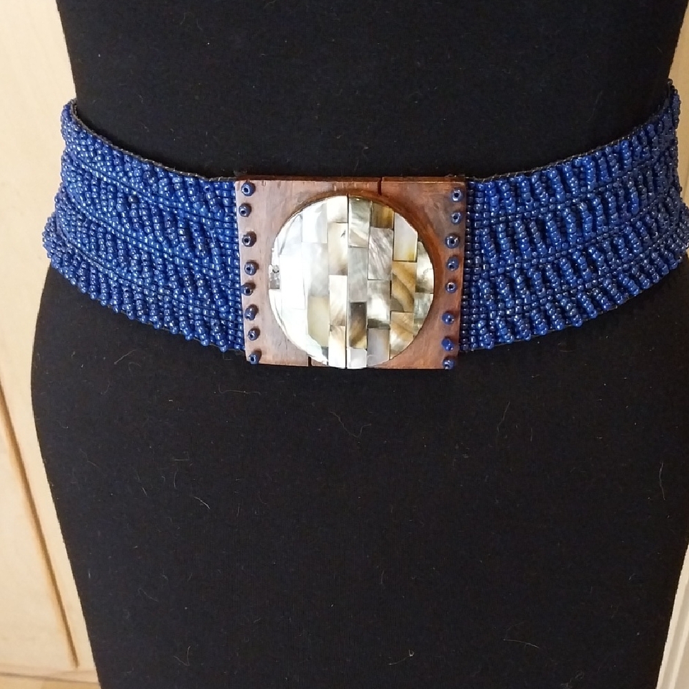 Beaded Navy Waist Belt with Mother-of-Pearl Accent